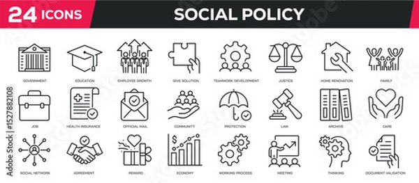 Fototapeta Set of collection line icons related social policy, social network, community. Editable stroke. Perfect pixel on transparent background