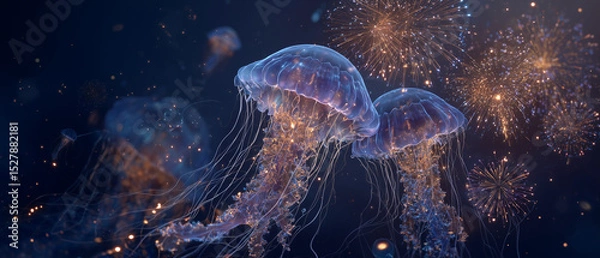 Obraz unique aesthetic dreamy summer ad bg with neon jellyfish with exploding fireworks in a night sky; opulent yet whimsical, with a creative twist on 4th of july; glowing in deep violet & radiant orange