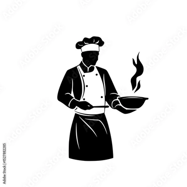 Obraz a black and white icon of a chef in an apron holding a frying pan with hot food apron, black, chef, cook, flame, food, frying pan, hand, hold, hot, icon , Generative art.