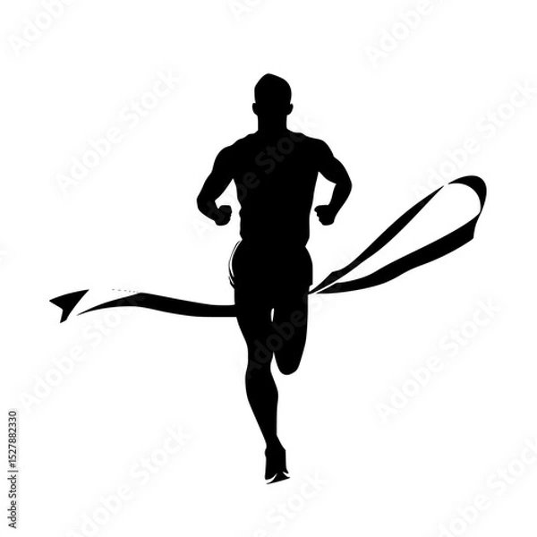 Obraz a black silhouette of a man running a marathon and crossing the finish line athlete, black, finish line, man, marathon, race, run, runner, silhouette , Generative art.