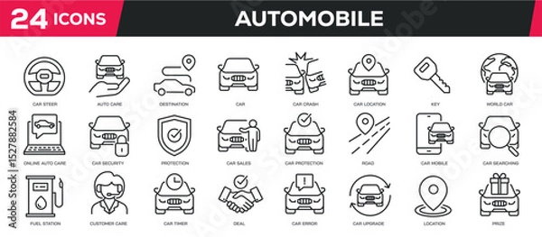 Fototapeta Set of collection line icons related car, dealer, rent, automobile. Editable stroke. Perfect pixel on transparent background
