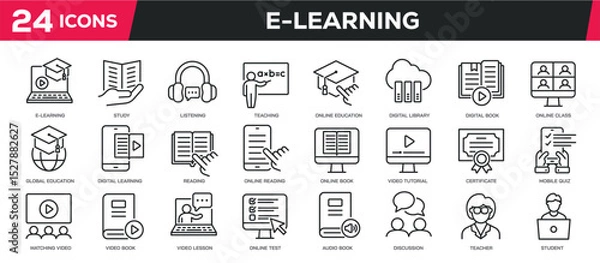 Fototapeta Set of collection line icons related e-learning, ebook, online class. Editable stroke. Perfect pixel on transparent background