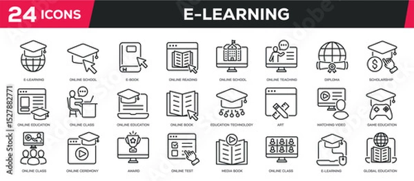 Fototapeta Set of collection line icons related e-learning, ebook, online class. Editable stroke. Perfect pixel on transparent background