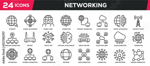 Fototapeta Set of collection line icons related networking, connection, information technology. Editable stroke. Perfect pixel on transparent background