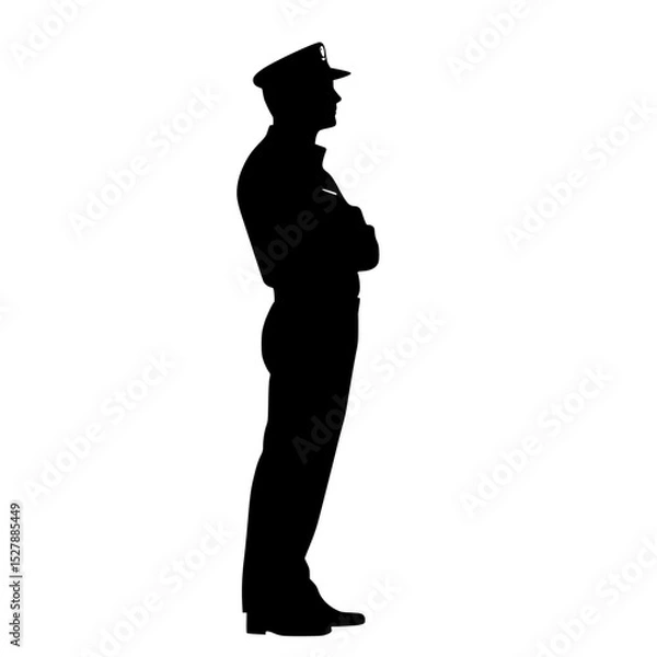 Obraz a black silhouette of a police officer in uniform black, hat, man, police officer, silhouette, stand, uniform , Generative art.