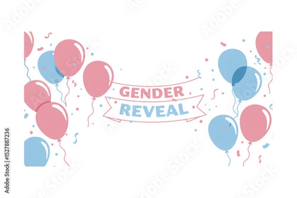 Obraz Vector invitation card template for baby gender reveal party. Color illustration with firecrackers and balloons on a white background.