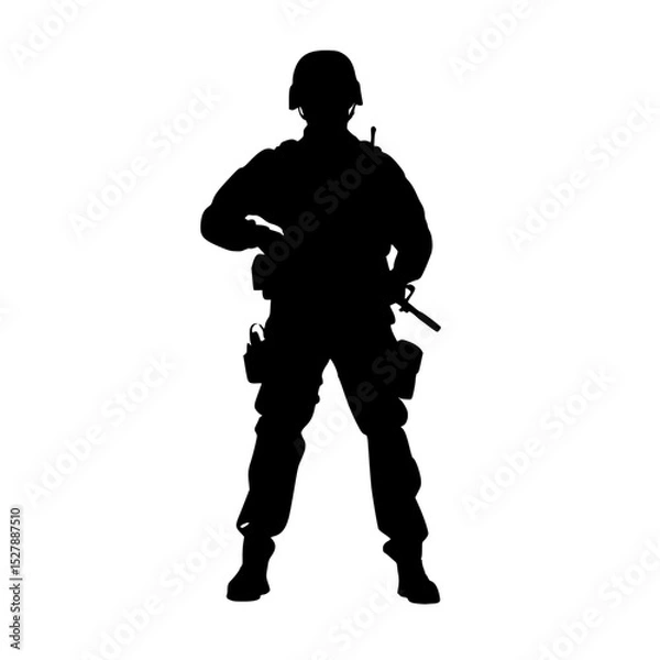 Obraz a black silhouette of a soldier standing with a rifle in his hand black, hand, helmet, man, silhouette, soldier, stand, uniform , Generative art.