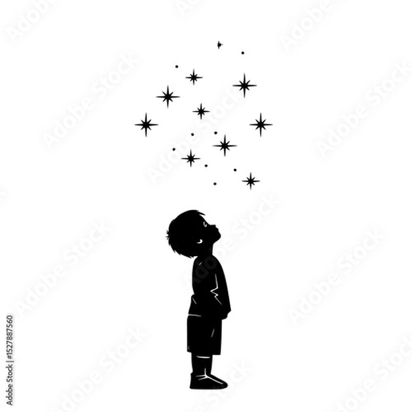 Obraz a black silhouette of a little boy looking up at the stars in the sky black, boy, child, little, look, silhouette, sky, stand, star , Generative art.