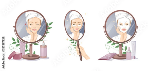 Obraz Woman doing skincare spa routine and reflecting in the mirror set