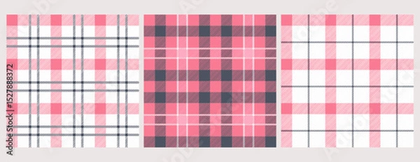 Fototapeta Picnic tablecloth plaid, gingham seamless pattern vector set. Traditional square check vichy tartan. Napkin textile, grid blankets, checkered kitchen print or checker backgrounds in pastel pink colors