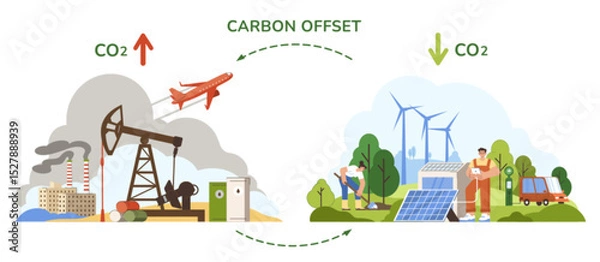 Fototapeta Carbon offset compensation concept. People reduce CO2 pollution from factories. Dioxide balance control, neutral climate strategy or keep atmosphere clean. Net zero emissions, take care of environment