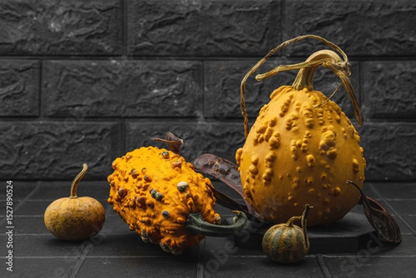 Obraz Organic ornamental pumpkins with textured skin and cut slices on dark background. Natural concept