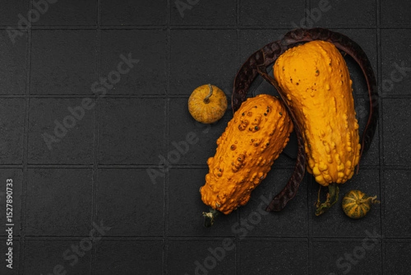 Obraz Organic ornamental pumpkins with textured skin and cut slices on dark background. Natural concept