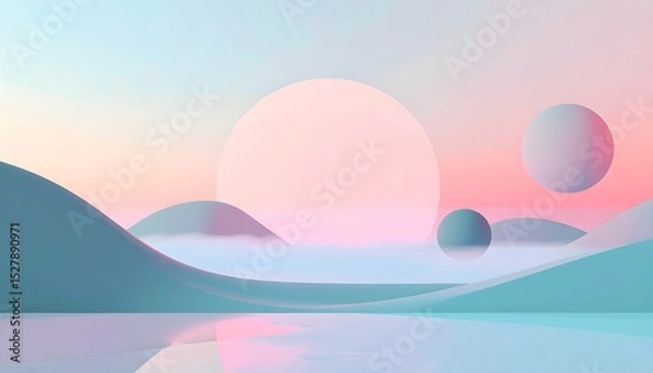 Fototapeta Surreal pastel landscape with rolling hills, floating spheres, and soft light