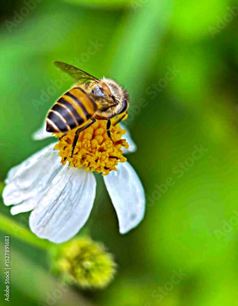 Obraz Honeybee Pollinating a White Wildflower in Springtime Close-Up