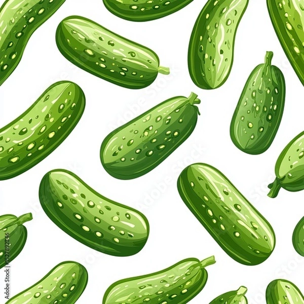 Fototapeta Green cucumber seamless pattern on white background. Cucumber wallpaper, pickle seamless motif. Cucumber motif background