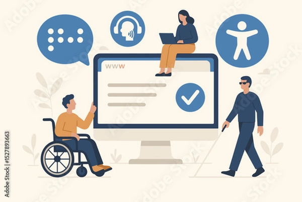 Fototapeta Web accessibility concept illustration. Inclusive user experience for people with disabilities. Digital inclusion with braille, screen reader, and universal access symbols. Vector.