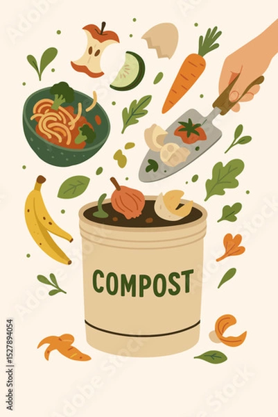 Fototapeta Composting kitchen leftovers and food scraps. Organic waste recycling concept. Sustainable zero waste lifestyle. Hand putting vegetables in a bin for natural soil fertilizer.