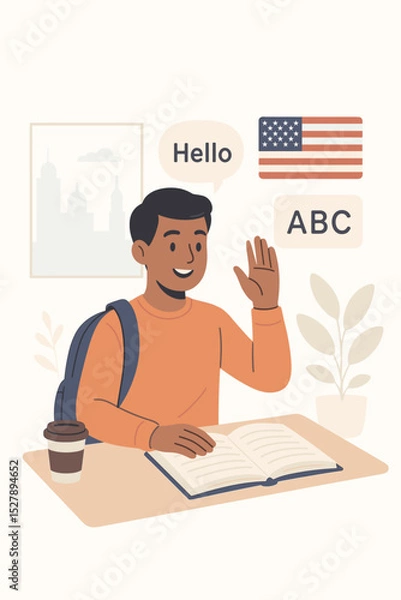 Fototapeta Concept of learning English. Young male student studying in the USA with an American flag. Foreign exchange pupil in an ESL class. Global education and international communication.