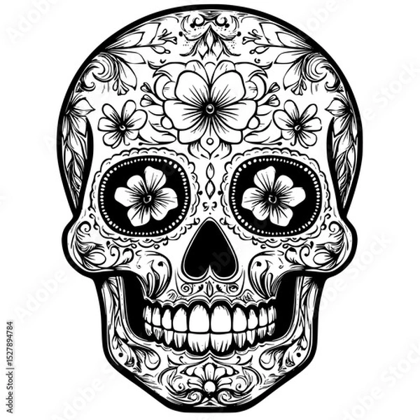 Obraz black and white skull with floral ornament for day of the dead black, dead, draw, floral, flower, ornament, skull , Generative art.