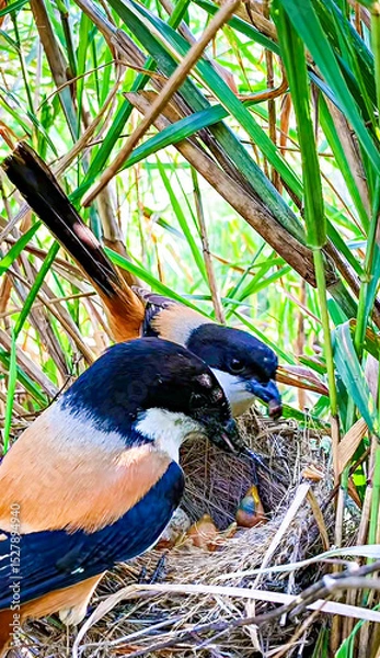 Obraz Parent Birds Feeding Chicks in Nest Hidden Among Tall Grasses