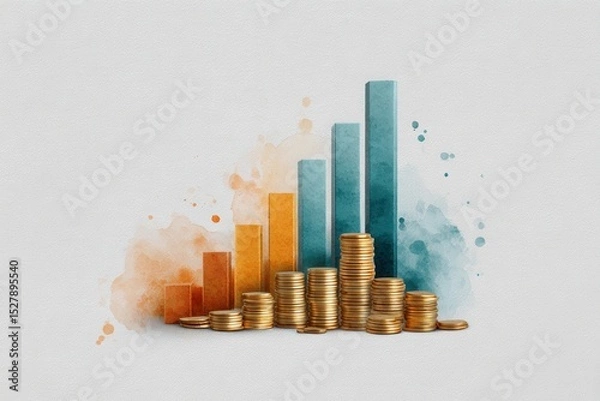 Fototapeta Long-term real estate investment concept. Stacks of gold coins in front of a colorful bar graph representing financial growth or economic success.
