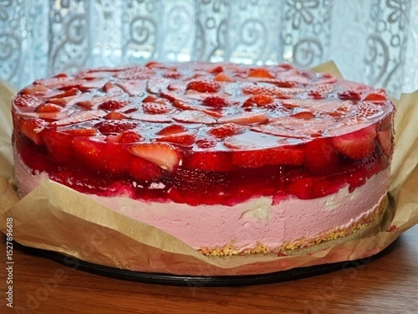 Obraz Domowe ciasto bez pieczenia, truskawkowe, na papierze do pieczenia