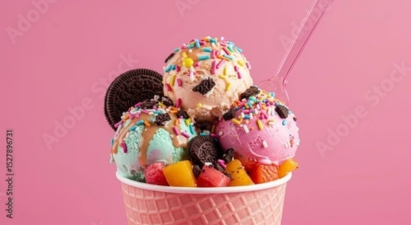 Fototapeta Delicious Ice Cream Sundae with Sprinkles and Fruit - Three scoops of ice cream, assorted colors, topped with sprinkles, chocolate cookies, and fresh fruit in a waffle cone. Pink background