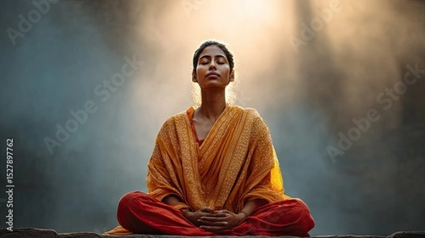 Obraz Solitude calm concentrated woman with closed eyes and legs crossed in lotus position during meditation practice, mind relief and mental health