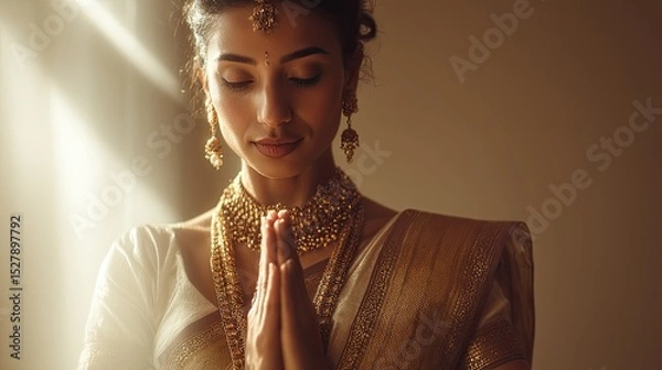 Obraz Solitude calm concentrated woman with closed eyes and praying hands during meditation practice with soft light, mind relief and mental health