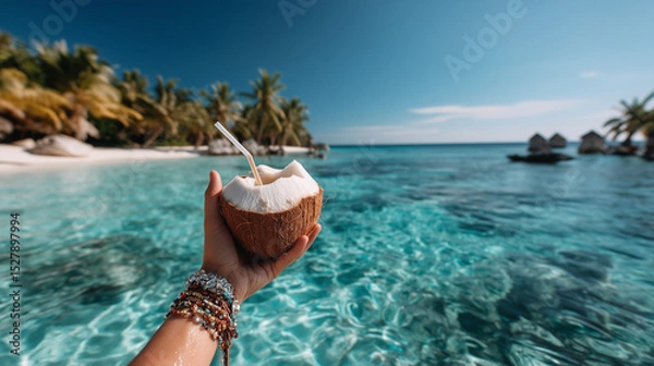 Obraz Refreshing coconut in hand against turquoise ocean water, beautiful traveling background, calm perfect beach summer vacations, fabulous idyllic sea landscape
