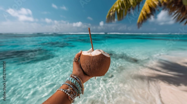 Obraz Refreshing coconut in hand against turquoise ocean water, beautiful traveling background, calm perfect beach summer vacations, fabulous idyllic sea landscape