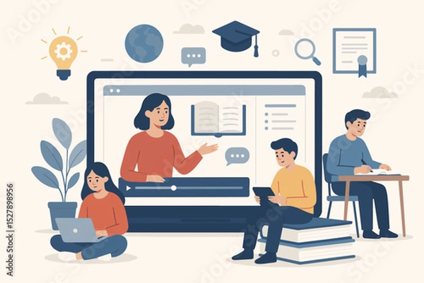 Fototapeta Online education and e-learning concept illustration. Students learning in a virtual classroom with a teacher on screen. Digital course, webinar, and distance education technology.