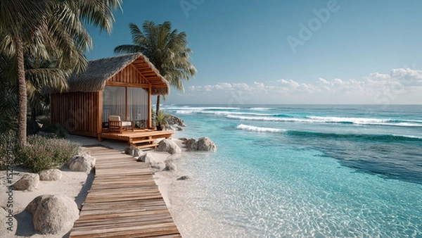 Obraz Cozy luxury boho bungalow on the shore of the turquoise ocean, beautiful traveling background, beach summer vacations, idyllic sea landscape