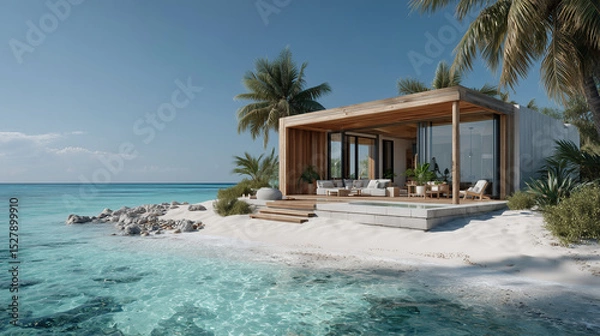Obraz Cozy boho surfer bungalow on the shore of the turquoise ocean, beautiful traveling background, beach summer vacations, scenic idyllic sea landscape