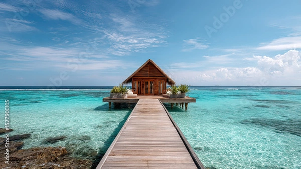 Obraz Cozy bungalow on the shore of the turquoise ocean water, beautiful traveling background, beach summer vacations, scenic idyllic sea landscape