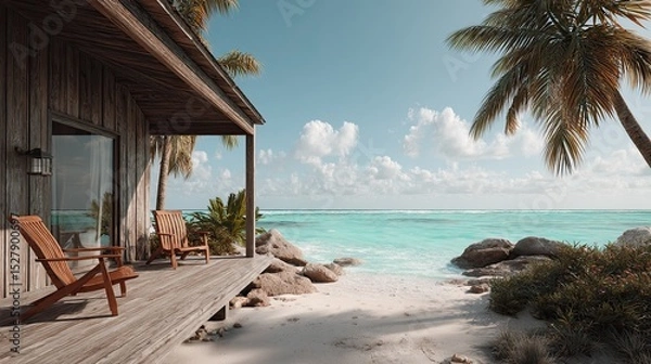 Obraz Cozy boho surfer bungalow on the shore of the turquoise ocean, beautiful traveling background, beach summer vacations, scenic idyllic sea landscape