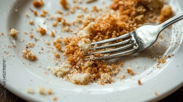 Fototapeta Close-up of a plate with crumbs and a used fork after a meal
