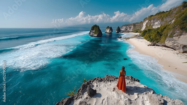 Obraz Back of young woman traveler wearing red dress against the background of crystal turquoise ocean water on tropical island coast, enjoy beach vacations and traveling to scenic beautiful destinations