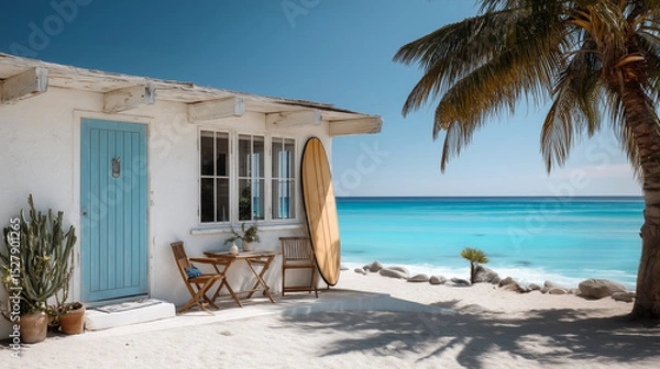 Obraz Cozy boho surfer bungalow on the shore of the turquoise ocean, beautiful traveling background, beach summer vacations, scenic idyllic sea landscape