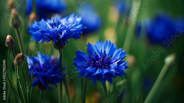Obraz  Close-up of wild cornflowers, deep blue petals against soft green bokeh, natural daylight
