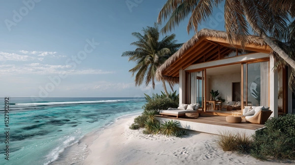 Obraz Cozy boho surfer bungalow on the shore of the turquoise ocean, beautiful traveling background, beach summer vacations, scenic idyllic sea landscape