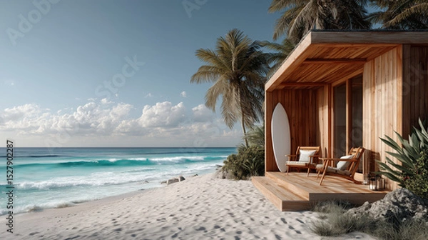 Obraz Cozy boho surfer bungalow on the shore of the turquoise ocean, beautiful traveling background, beach summer vacations, scenic idyllic sea landscape