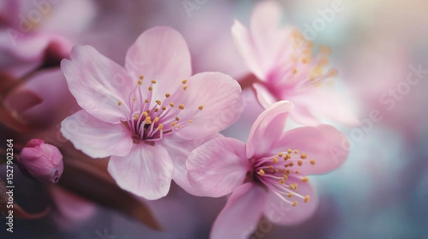 Obraz Macro of cherry blossom petals, soft pink hues, extremely shallow focus, hazy background with light leaks