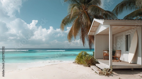 Obraz Cozy boho surfer bungalow on the shore of the turquoise ocean, beautiful traveling background, beach summer vacations, scenic idyllic sea landscape