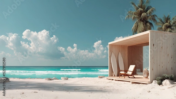 Obraz Cozy boho surfer bungalow on the shore of the turquoise ocean, beautiful traveling background, beach summer vacations, scenic idyllic sea landscape