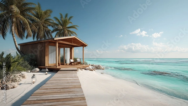 Obraz Cozy boho surfer bungalow on the shore of the turquoise ocean, beautiful traveling background, beach summer vacations, scenic idyllic sea landscape