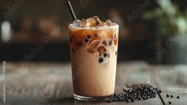 Fototapeta A refreshing iced milk tea with black tapioca pearls, placed on a wooden table with natural lighting