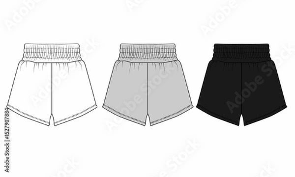 Fototapeta Set of  designs of sport shorts on elastic band in gray, black, white colors. Template of basic short shorts. Shorts for home, vacation, sleep, beach, walking in summer.