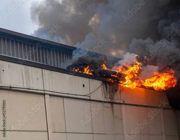 Obraz Building ablaze with intense flames and smoke